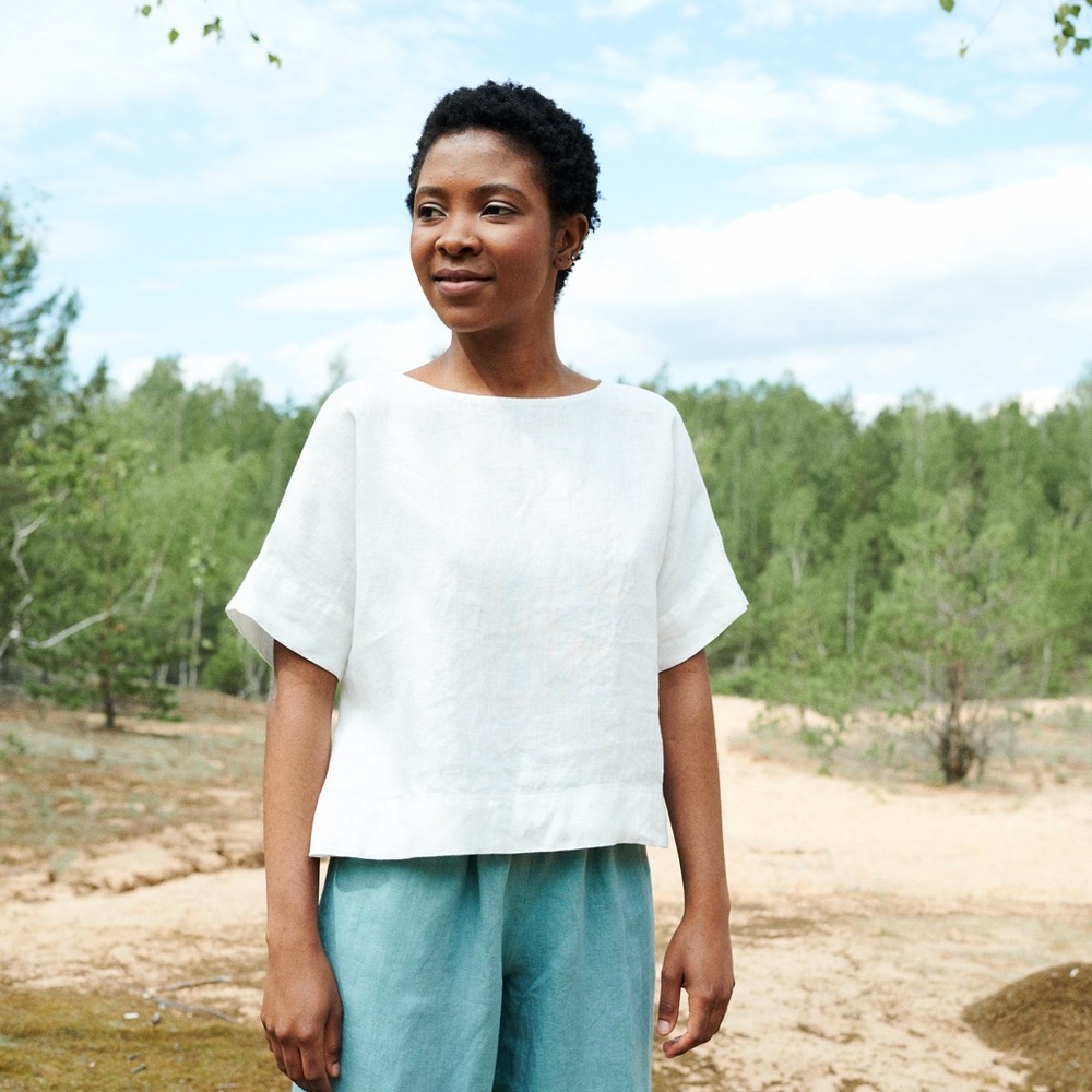 Linenfox white linen Mona short sleeve top in XXS